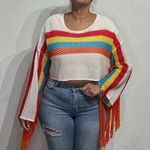 Rainbow Crochet Mesh Fringe Crop Top Poncho Sz S White Photo 0