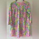 Mud Pie  Women’s Swim Cover Up Palm Print Green & Pink Pom-Pom Tassel Size Medium Photo 7