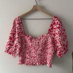 Anthropologie Red White Eyelet Puff Sleeve Smocked Cropped Top stretch floral L Photo 1