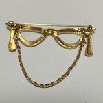 Signed Avon Gold Tone Metal Cat Eye Glasses Tassel Chain Rhinestone Brooch Pin Photo 2