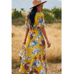 Boho Summer V Neck Floral Short Sleeve Slit Maxi Long Dress Yellow Multi Size M Photo 3