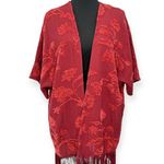 Chico's | S/M | Chenille Floral Jacquard Ruana Maroon Kimono Fringe Cardigan Photo 4