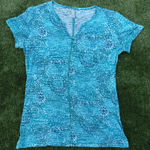 Kuhl  Meridian Teal Floral Burst Front Notched Burnout Cotton Blend Top, Size S Photo 0