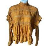 Free People  Mustard Yellow High Neck Long Sleeve Eyelet Smocked Ruffle Top, Sz L Photo 6