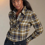 CAbi  Women Size S Plaid Ruffle‎ Front Long Sleeve Button Down Flannel Shirt Top Photo 0