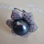 Jersey Pearl Iridescent Dark Pearl Silver Tone Metal Flower Adjustable Ring Photo 4