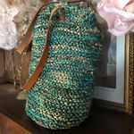 LINDA'S ORIGINAL GREEN, AQUA & TAN STRAW WITH LEATHER STRAPS LARGE TOTE BAG Multiple Photo 8
