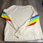 Peace Love World  Cream Oversized Sweater with Rainbow Stripes Photo 5