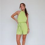Vestique  NWT Lime Lover Romper Pleated Tie Waist Low Back Halter Neck Size L Photo 2