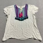 Raga  Anthropologie White Multicolored Embroidered Tassel Boho Peasant Top M Photo 0