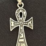 Egyptian Ankh cross in Sterling 925 EUC pendant. Hieroglyphics adorn front Black Photo 0