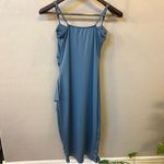 VIBE bodycon flirty dress, side slit & ruffle detail, Teal blue, stretchy, M Blue Size M Photo 6
