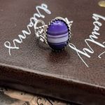 Handcrafted Purple Striped Glass Oval Cabochon Silver Stainless Steel Ring Photo 1