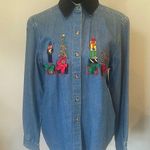 Embroidered Denim Shirt with Black Collar holiday design large Blue Size undefined Photo 0