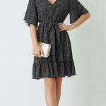 Manydress Womens Size L Floral Chiffon Dress Navy V Neck Short Butterfly Sleeve Blue Size L Photo 0