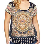 Lucky Brand Lucky‎ Brand Women Plus Size 1X Boho Medallion Persian Short Sleeve Shirt Photo 0