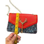 Red & Black Glitter Reindeer Crossbody Purse With Gold Chain Strap 7"x5" Photo 4