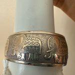 Ethnic Silvertone Cuff bracelet‎ Adjustable Etched Elephants Trunk Up Good Luck Silver Photo 5
