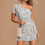 Lulus NWT  Way to Wow Dusty Blue‎ Floral One Shoulder Faux-Wrap Dress LARGE Photo 2