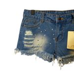 Litz  Blue Cut Off Fringe Distressed Jeweled Casual Denim Jean Shorts Sz M Photo 1