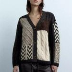 ZARA Patchwork Cable Knit Cardigan Neutral Chevron Size Large Blogger Favorite Photo 0