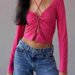 Urban Outfitters ‎ Elena Drawstring Cutout Top Hot Pink Long Sleeve Size L Photo 0