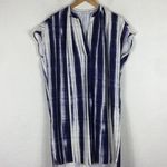 Vince Watercolor Blue Brushstroke Printed Split Neck Oversized Tunic Dress Small Photo 2