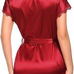 Avidlove Oblique V-Neck Pure Color Lace Robes Short Silk Kimono Wine Red Photo 4