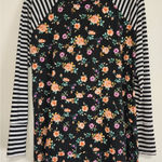 LuLaRoe  Amber Floral Hoodie Black White Striped Raglan Sleeves Medium Photo 0