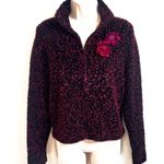 Doncaster Vintage Textured Floral Zip Front Cardigan Sweater Black Pink Large Photo 2