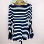 BeachLunchLounge  Striped Tulle Ruffle Cuff Long Sleeve Shirt Blue White Small Photo 1