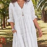 Sundance  Jasmine White Eyelet midi Dress tiered asymmetric M petite Photo 0