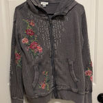 Sundance  Jolene Floral Hoodie Charcoal Full Zip Sweatshirt Embroidery Waffleknit Photo 0