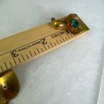 Vintage 1940’s gold tone heart drop earrings faux emerald centers. Photo 3