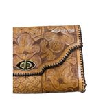 Vintage Tooled Leather Clutch Purse Floral Design Southwestern Boho Embossed Brown Photo 2