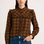 Nili Lotan Women's Plaid Ruffled Collar Long Sleeve Button Up Shirt Size S Brown Photo 0