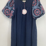 Umgee Blue Seersucker Embroidered Puff Sleeve Dress - Size S Photo 0