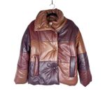 NANUSHKA Vegan Leather Hide Puffer Jacket Dark Brown Patchwork Small Photo 2