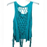 Shyanne  Teal Sleeveless Top with open knitted back and fringed Hem Photo 1