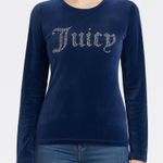 Juicy Couture Velour Top Womens L Navy Rhinestone Logo Long Sleeve Y2K Lounge Photo 0