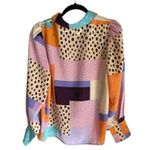 FATE. Multicolor Abstract Patchwork Long Puff Sleeve Ruffle Keyhole Blouse Size M Photo 2