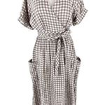 Urban Outfitters Linen Wrap Gingham Midi Dress Brown White Short Sleeve Tie Photo 2