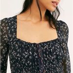 Free People  Lolita Top Womens Large Black Floral Long Sleeve Smocked Square Neck Photo 11