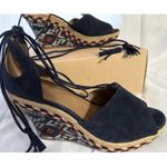 Cabi Navy Isla Blue Wedge Lace Up Espadrilles Aztec Heel Peep Toe 6001 Size 8.5 Photo 3