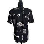 Artsy BOHO Black Top Women Size S Fish Doodle Print Crinkle Art To Wear Fashque Photo 1