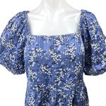 Mango  MNG Blue Floral Square Neck Short Puff Sleeve Smocked Mini Shift Dress 6 Photo 2