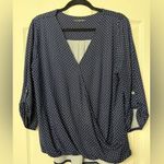 West Kei  Blue Polka Dot Wrap Front Roll Tab Sleeve Sz XL Womens High-low Blouse Photo 6
