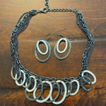 None Black and Silver Hammered Chain Necklace and Earring Set Photo 0