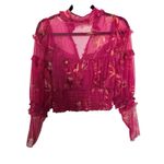 Free People  Time For Shine Mesh Cropped Smocked Pink Purple Floral Blouse Top L Photo 6