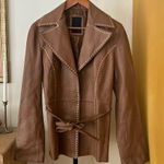Vintage G Collection Genuine Leather Moto Jacket Contrast Stitch Belt Camel Tan Photo 0